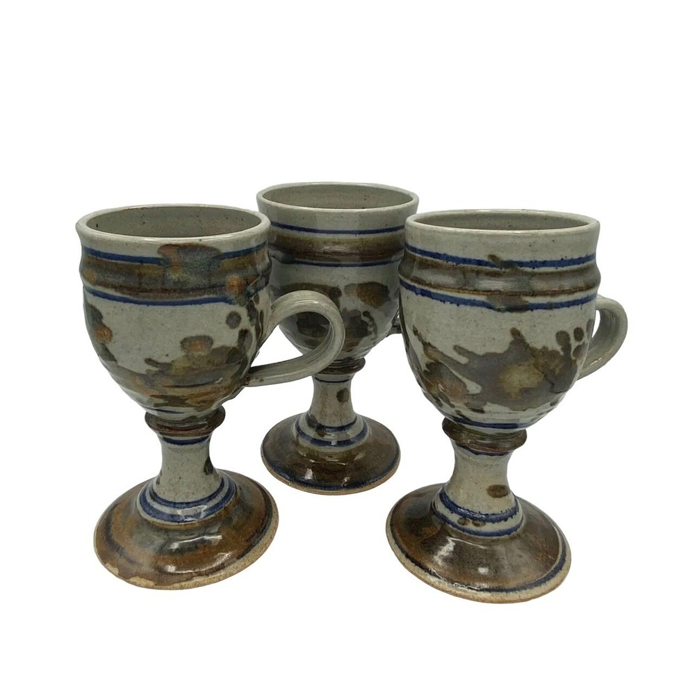 Studio Pottery Chalice Mugs Set of‎ 3 Signed Handmade Stoneware Goblets Blue